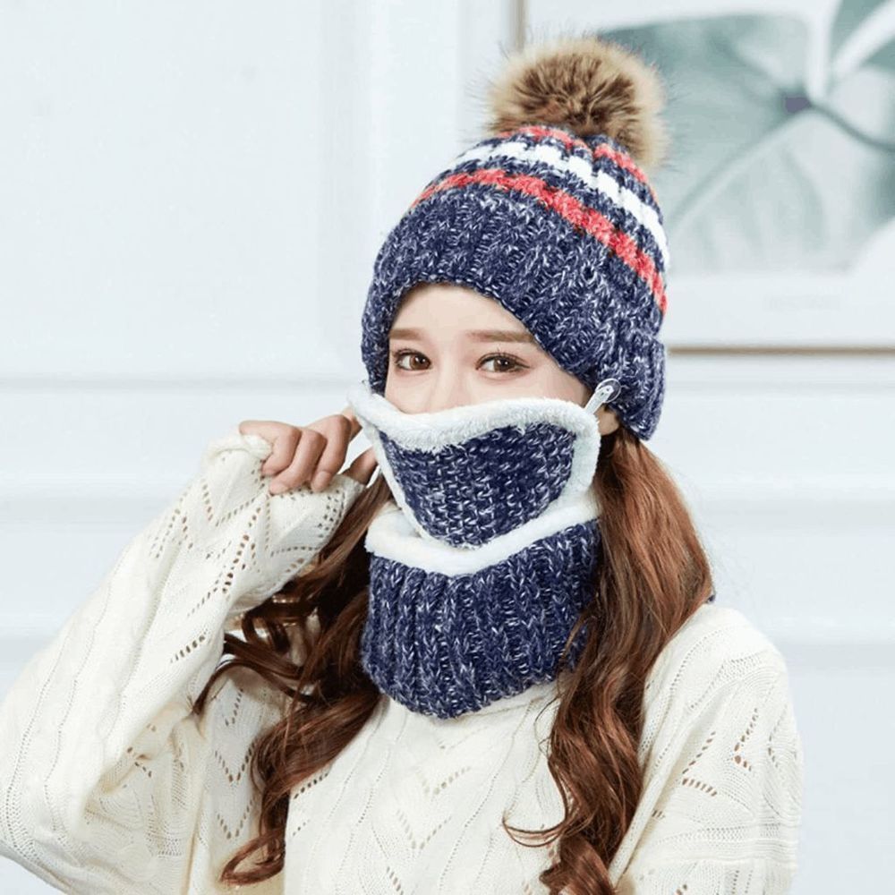 Women's Soft Warm Fleece Lined Knit Winter Hat Scarf Face Mask Set Navy Blue One